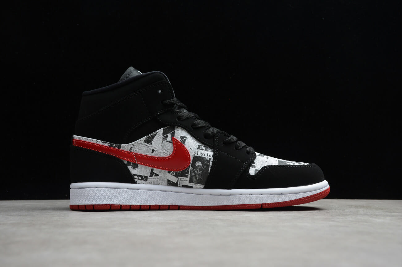 Air Jordan 1 Mid Black Red Newspaper