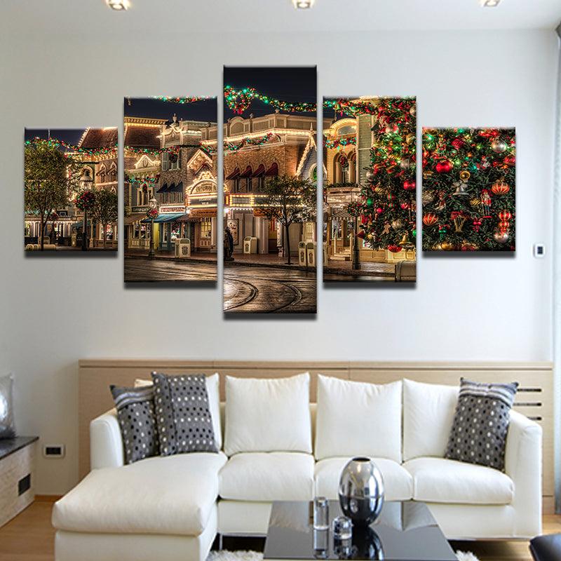 World Main Street Christmas 5 Panel Canvas Print Wall Art